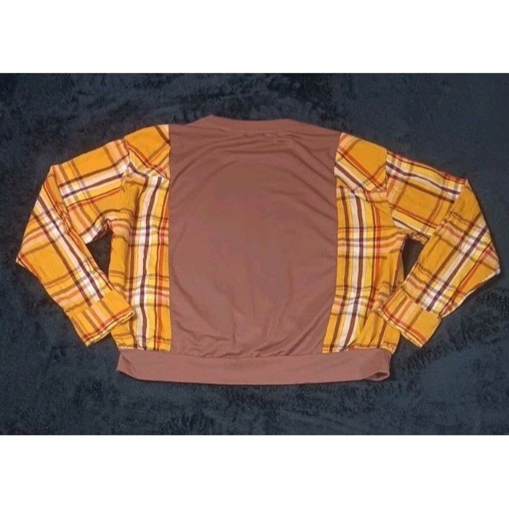 Avia  Plaid Mixed Media Long Sleeve Sweatshirt S Yellow Upcycled Patchwork Boho - Picture 13 of 13